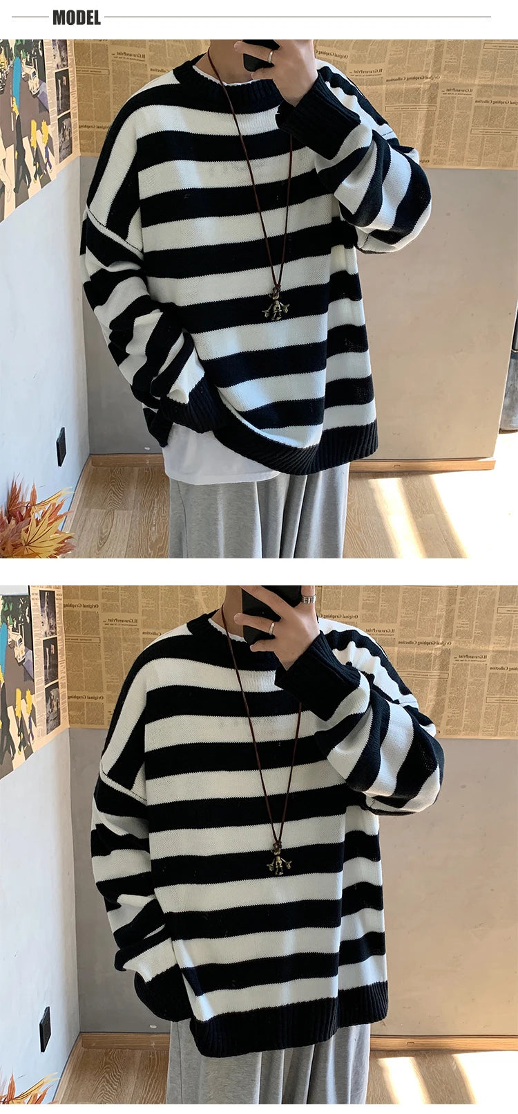 Classic Vintage Striped Sweater Men's Casual Japanese Trendy Red White Pullover Loose Round Neck Couple's Jumper Street Kintwear