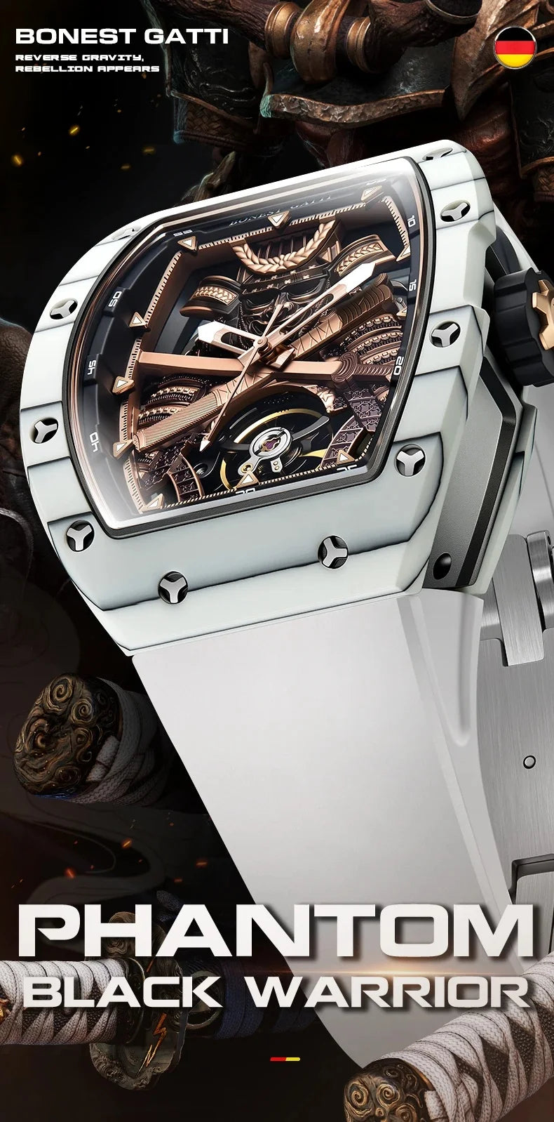 BONEST GATTI Carbon Fiber Case Men Automatic Movement Wristwatch Skeleton Warrior Sapphire Glass Mechanical Watches for Men 2025