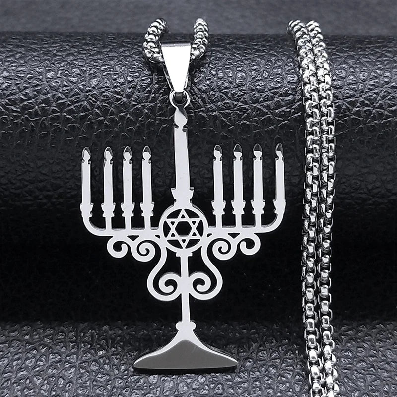 Judaica Israel Lamp Hanukkah Menorah Necklace for Women Men Stainless Steel Silver Color Star of David Necklace Jewelry N8062S02