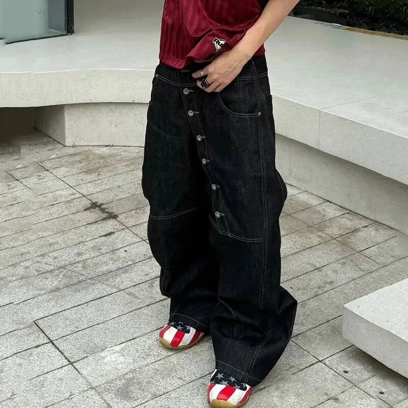 PFNW American High Street Curved Long Button Scimitar Men's Jeans Summer Loose Wide-Leg Pants Trendy Male Trousers 28W8103