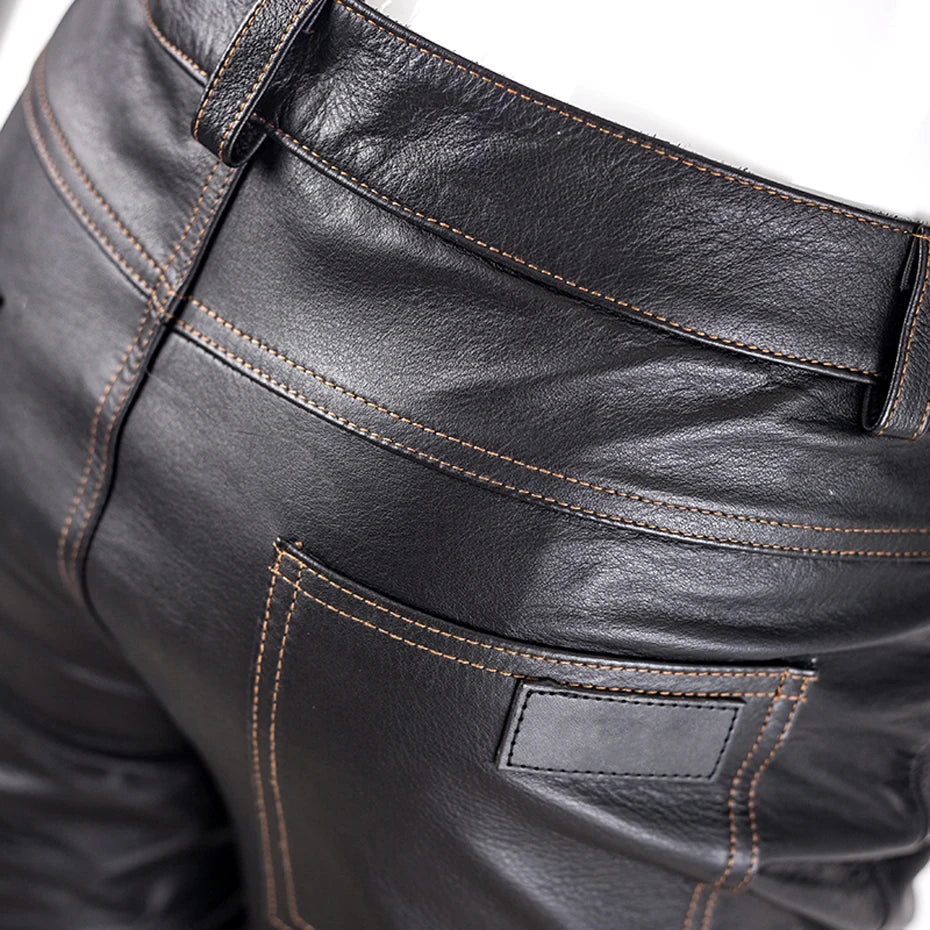 Genuine Real cow leather pant Men's motorcycle leather trousers кожаные штаны leather pants for men pantalon cuir homme