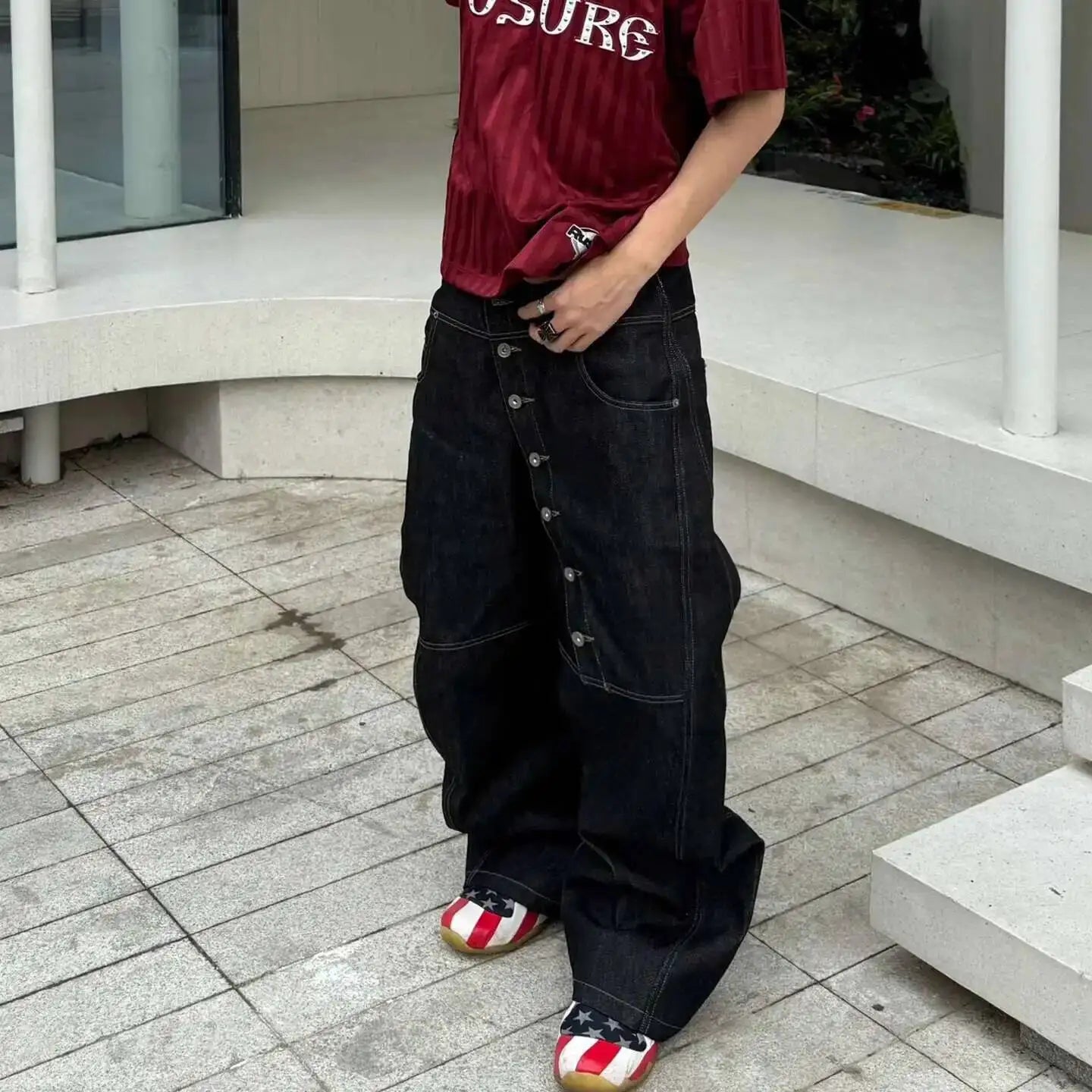 PFNW American High Street Curved Long Button Scimitar Men's Jeans Summer Loose Wide-Leg Pants Trendy Male Trousers 28W8103