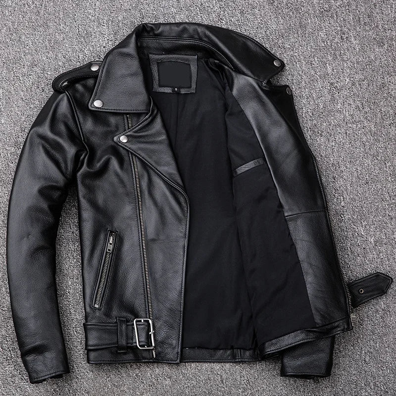 2024 New Spring Classical Motorcycle oblique zipper Jackets Men Leather Jacket Natural Calf Skin Thick Slim Cowhide Moto Jacket