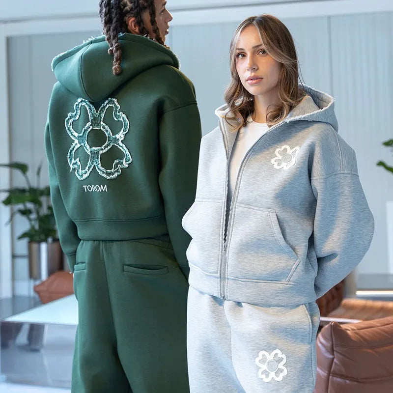 Olive Green Embroidered Zip Hoodie & Pants Set Men Streetwear Trendy Loose Casual 2-Piece Tracksuit New 2025 Fashion