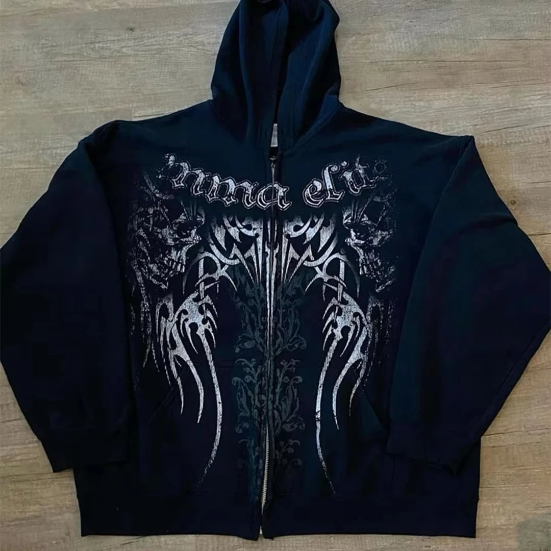 Ecko Dark Gothic Skull Eye Print Hoodie Men Women Streetwear Punk Oversize Black Sweatshirt Distressed Artistic Casual Pullover