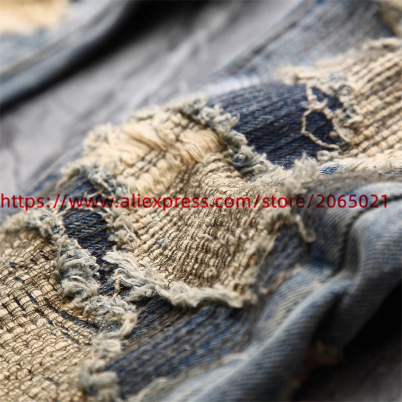 Washed Damaged Embroidery Patches Vintage Denim Jeans Men Women 1:1 Best Quality Pants