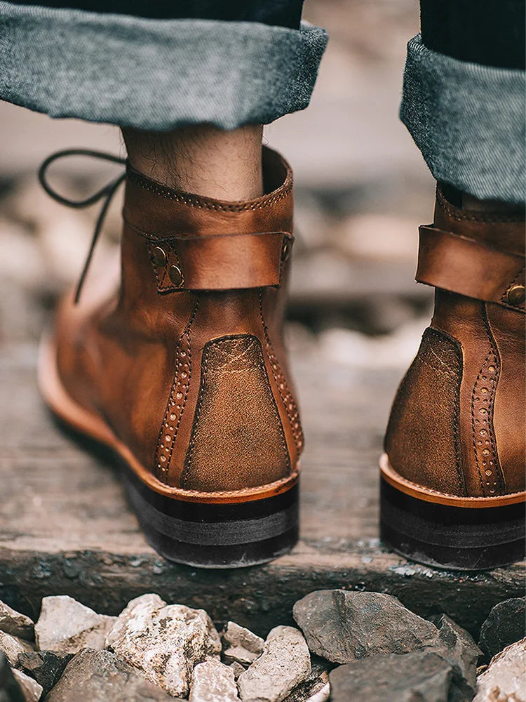 Handmade Leather Men Boots Retro Round Toe Ankle Boots for Men  Luxury Punk Street Style Mens Motorcycle Boots botas para hombre