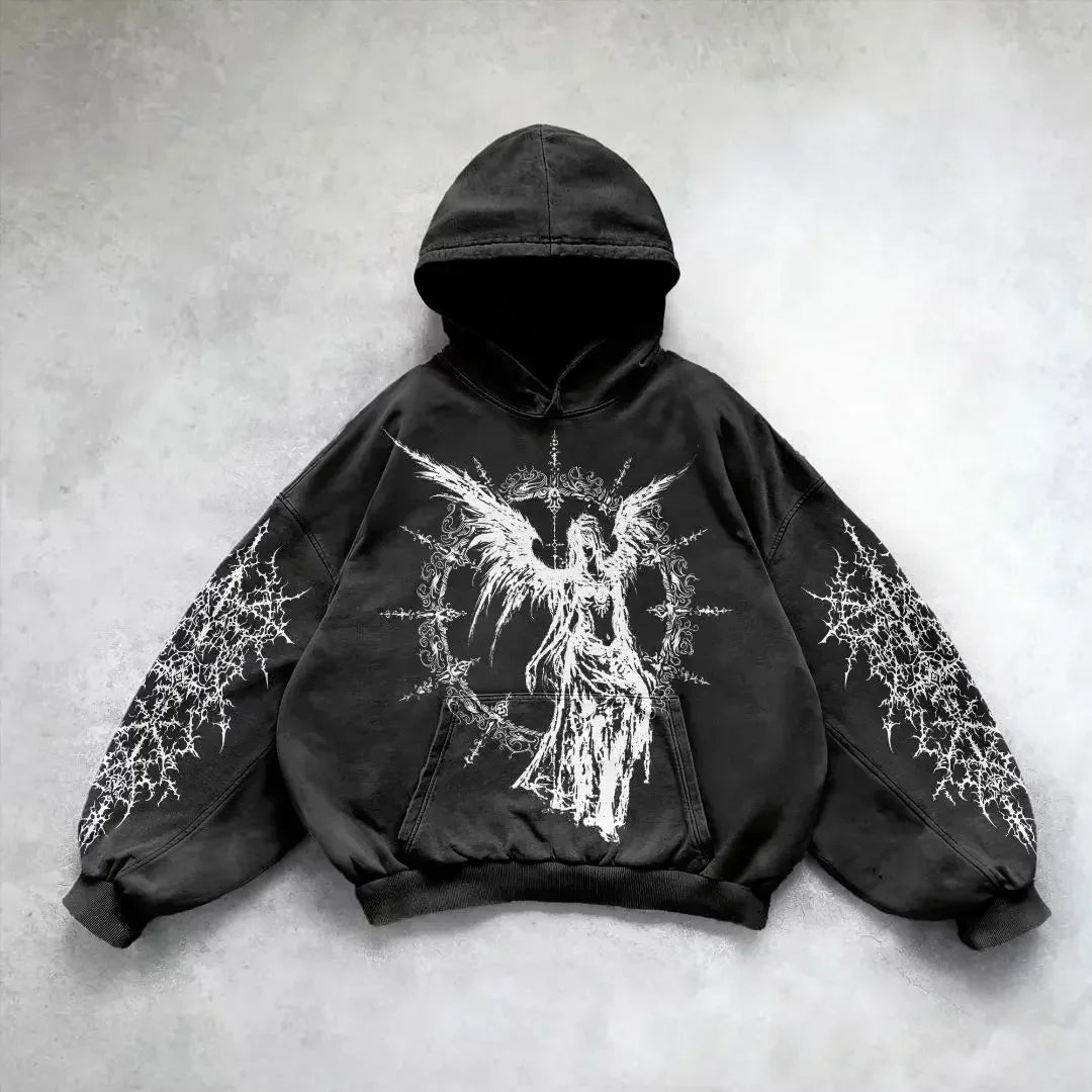 Harajuku y2k gothic white print design pattern black hoodie goth oversized hoodies women streetwear tops sweatshirt men clothing
