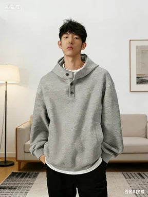 Mid-short hoodie for men, new spring and autumn style, American loose-fit, buttoned hooded stiff loose jacket