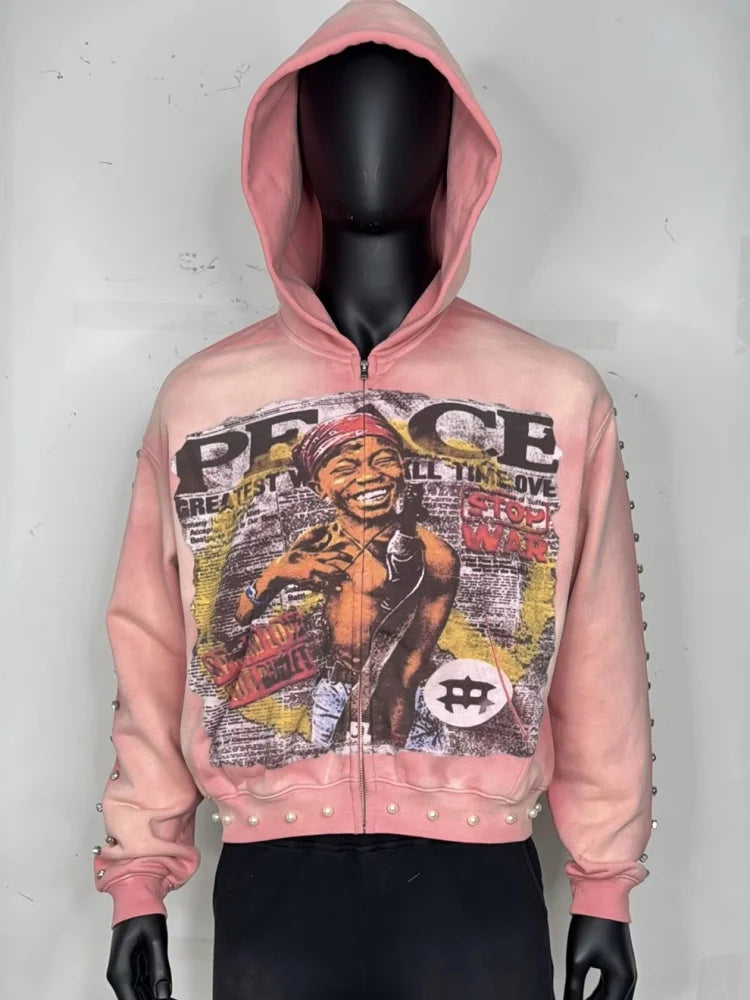Y2K Aesthetic Pattern Print Hoodie Vintage Punk Gothic Couple Pearl Graffiti 2000s Streetwear