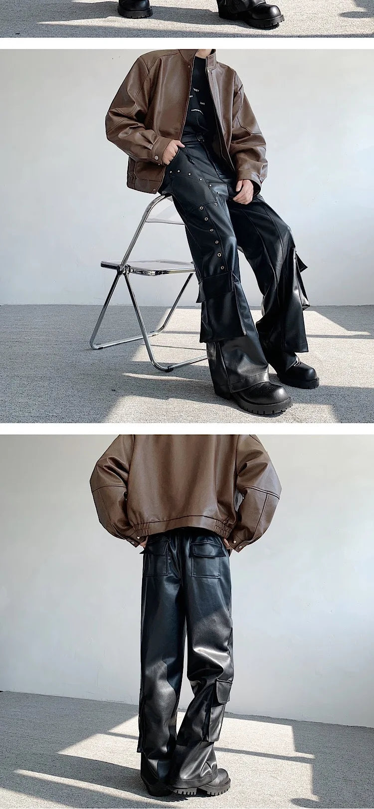 Men's Faux Leather Cargo Pants With Rivet, Y2K  Streetwear Black  Wide-leg Trousers, Autumn/Winter Gothic Mans Baggy Pants
