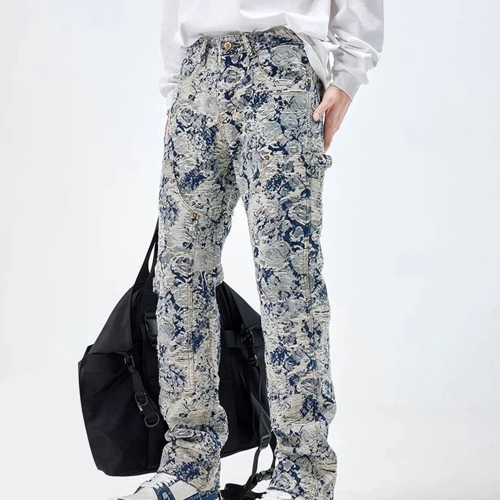 Men Jeans Jacquard Washed Cargo Casual Straight Pants Streetwear Fashion Hip Hop Retro Trend Trousers Male Men'S Clothing 2024