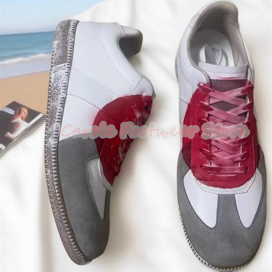 Fashion Mixed Color Graffiti Lace-Up Sneakers for Men Handmade Genuine Leather Shallow Sport Shoes Male Leisure Shoes