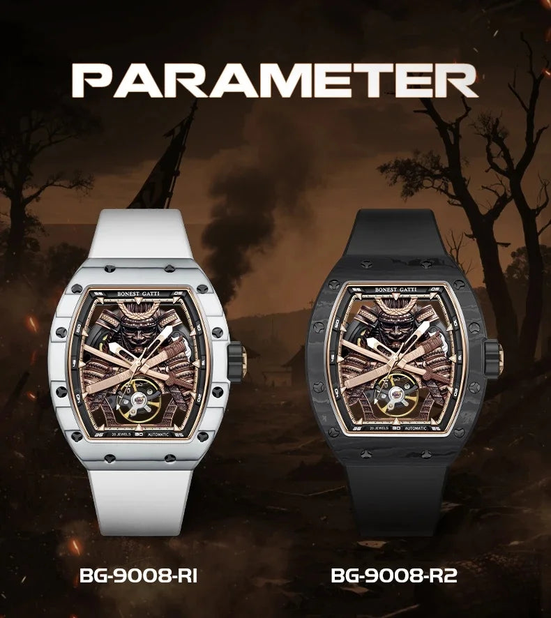 BONEST GATTI Carbon Fiber Case Men Automatic Movement Wristwatch Skeleton Warrior Sapphire Glass Mechanical Watches for Men 2025