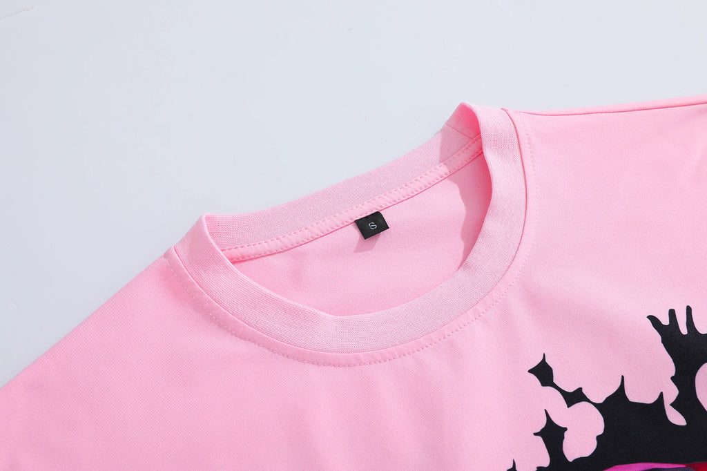 Mens Pink Short Sleeve T-Shirt Distorted Cartoon Character Graphic Bold Exaggerated Print Alternative Art Streetwear Top