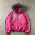 Women Pink Faux Fur Trim Glitter Thorn Print Zip Up Hoodie 2026 Y2K Sweet Cool Oversized Hooded Sweatshirt