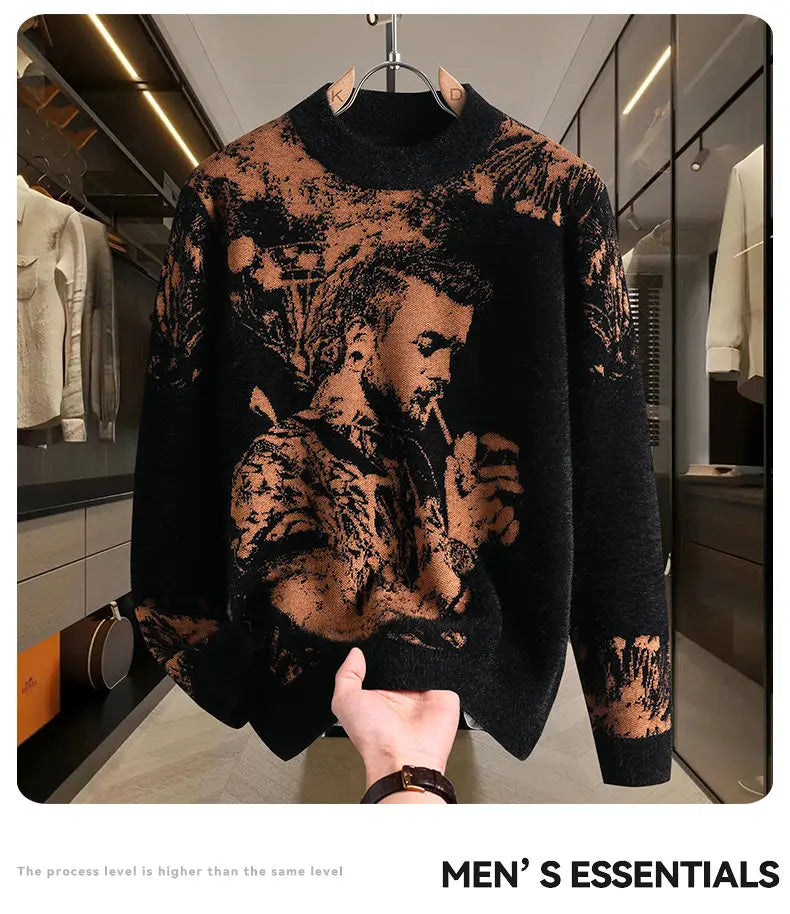 Retro Men's Printed Slim Knit Sweater for Men's Base, 2025 Brand Premium Tops, High-quality Men's Plus Size Warm Sweater