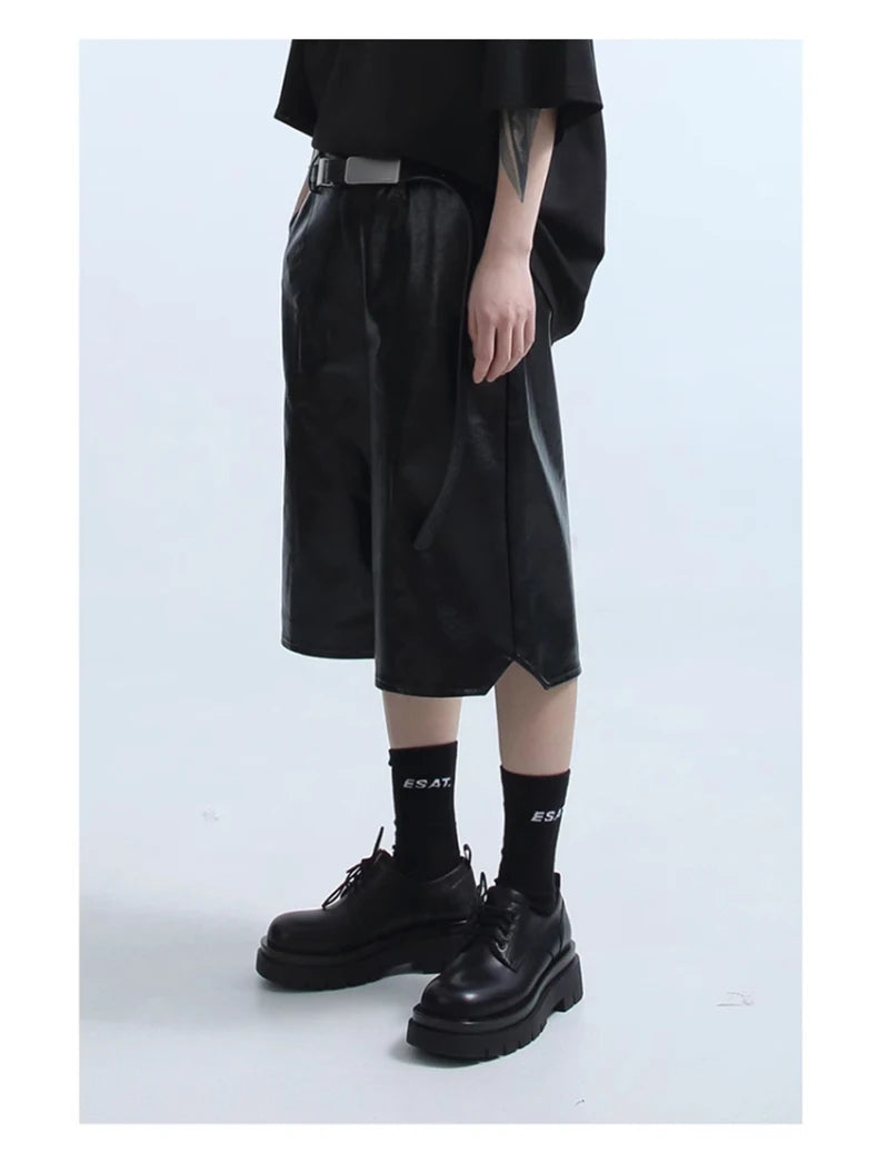 Mauroicardi Spring Summer Loose Casual Soft Black Pu Leather Shorts for Men Mens Elastic Waist Short Straight Pants Clothes 2023
