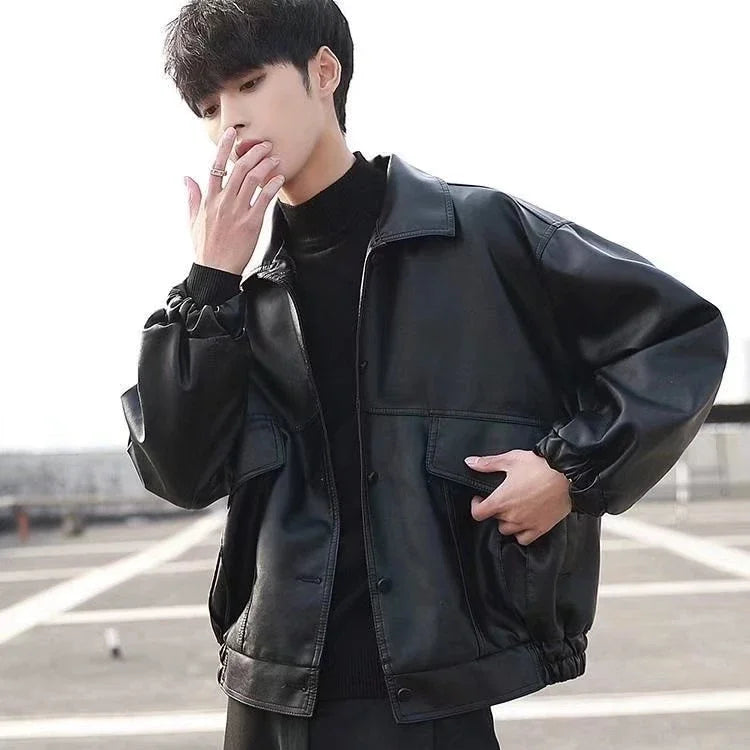 Korean Style Trendy Loose Leather Jacket Men's Short Spring and Autumn Motorcycle Suit Pilot Leather