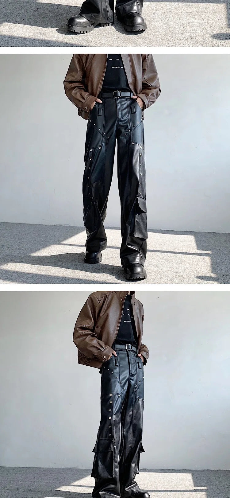 Men's Faux Leather Cargo Pants With Rivet, Y2K  Streetwear Black  Wide-leg Trousers, Autumn/Winter Gothic Mans Baggy Pants