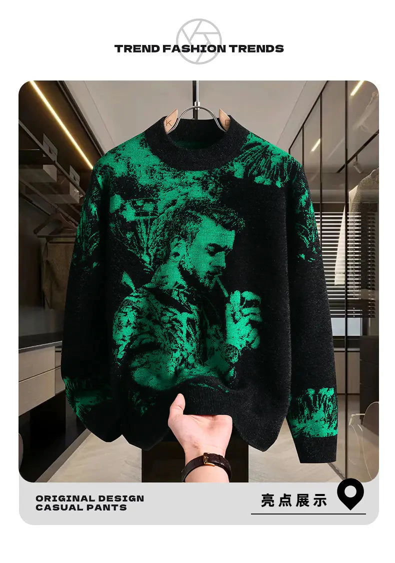 Retro Men's Printed Slim Knit Sweater for Men's Base, 2025 Brand Premium Tops, High-quality Men's Plus Size Warm Sweater