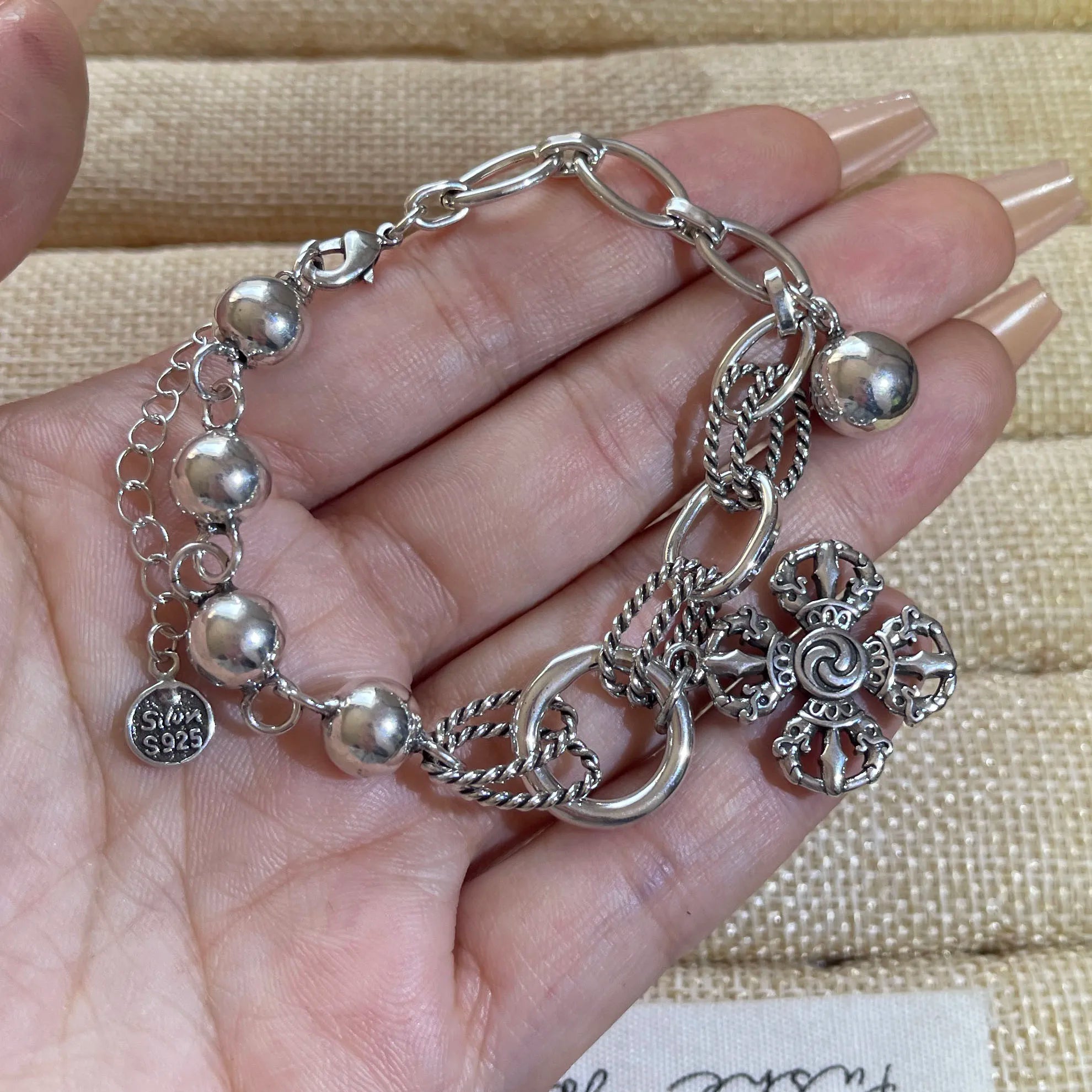 100% Solid 925 Sterling Silver Retro Bracelet for Women Men Vintage Handmade Flower Tassel Bracelet Birthday Gift