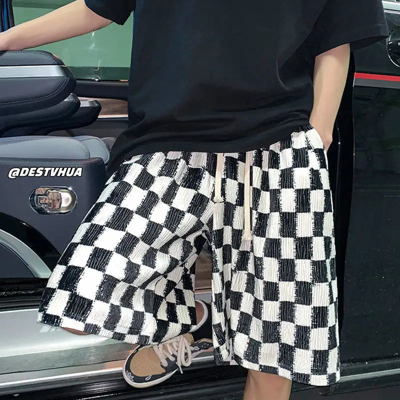 Men's New Style Breathable Straight Loose Casual Five-point Chessboard Ice Silk Shorts