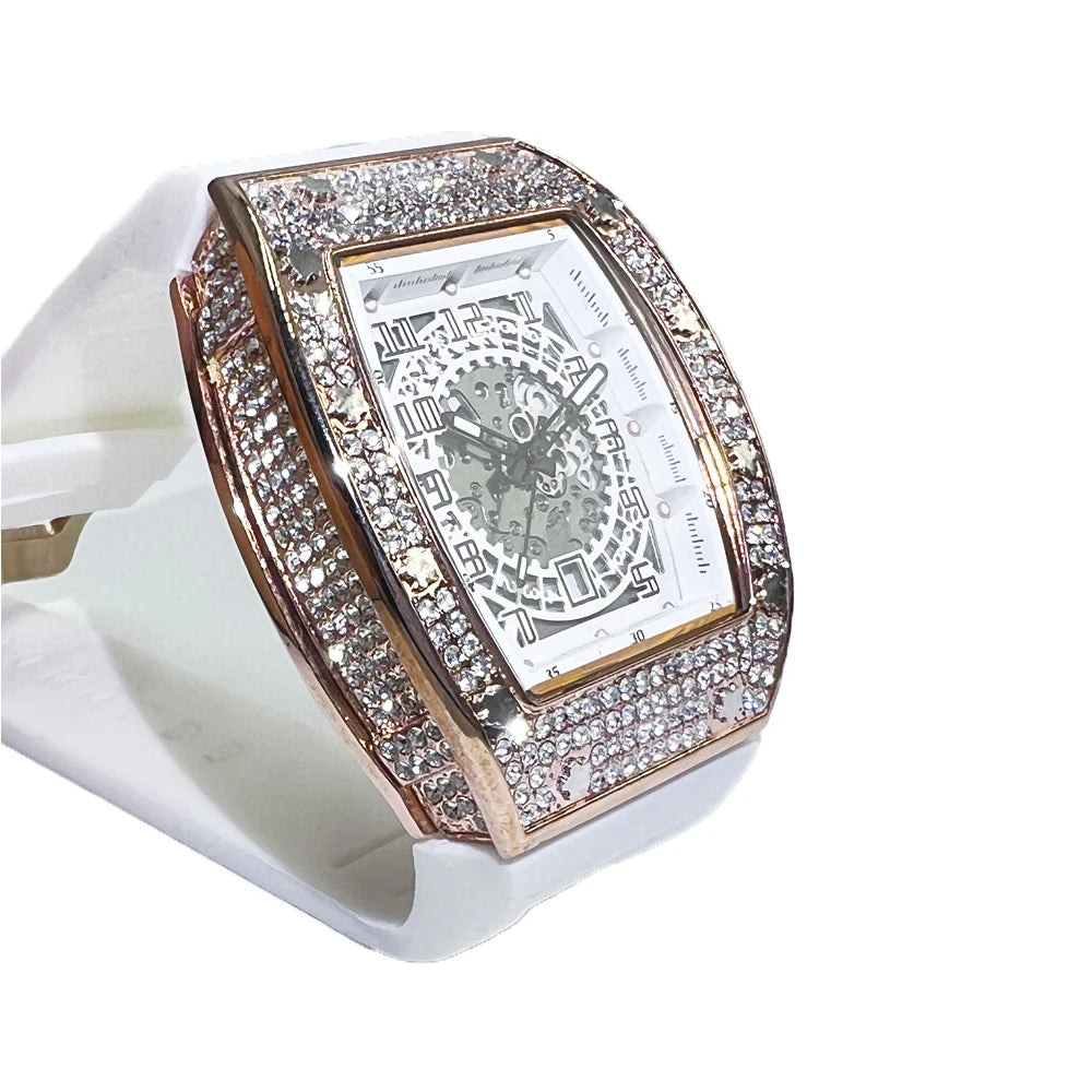 MISSFOX Men Big Face Watch Fashion Tonneau Quartz Diamond Wristwatches Luxry White Rubber Band Creative Relogio Men For Gift ﻿