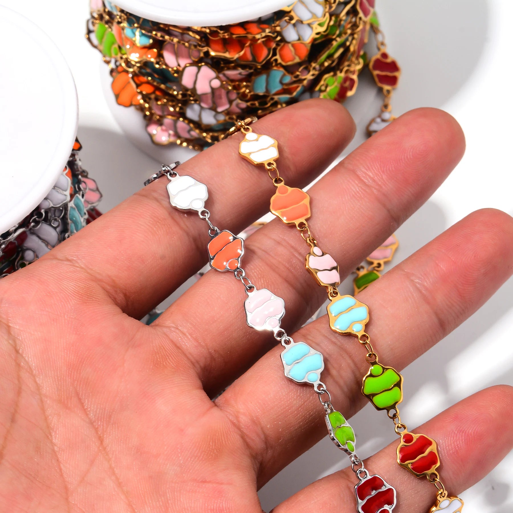 Wholesale 1M Stainless Steel Enamel Cake Chain Colorful Gold Handmade Chains for Women Bracelet Necklaces Jewelry Making Crafts