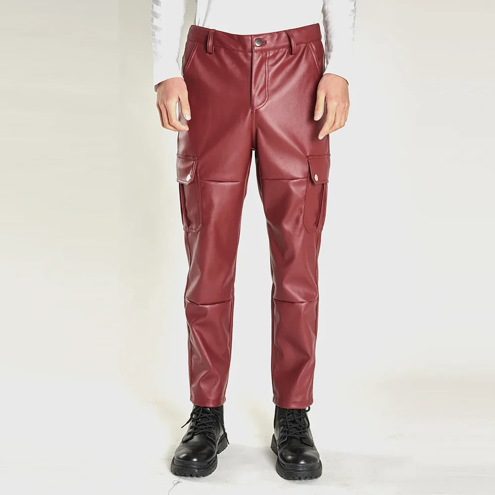 Fashion Faux Leather Pants Men Casual Streetwear Biker PU Pants Motorcycle Multi-Pocket Trousers Spring Autumn Waterproof Pants