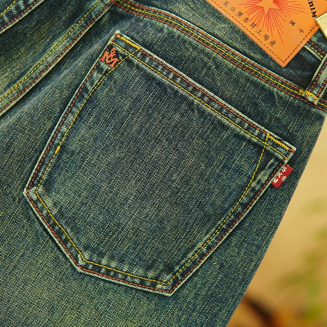 14.5oz Emerald Green Red Selvedge Denim Jeans for Men Autumn American Vintage 100% Cotton Casual Relaxed Straight Leg Pants 5KM