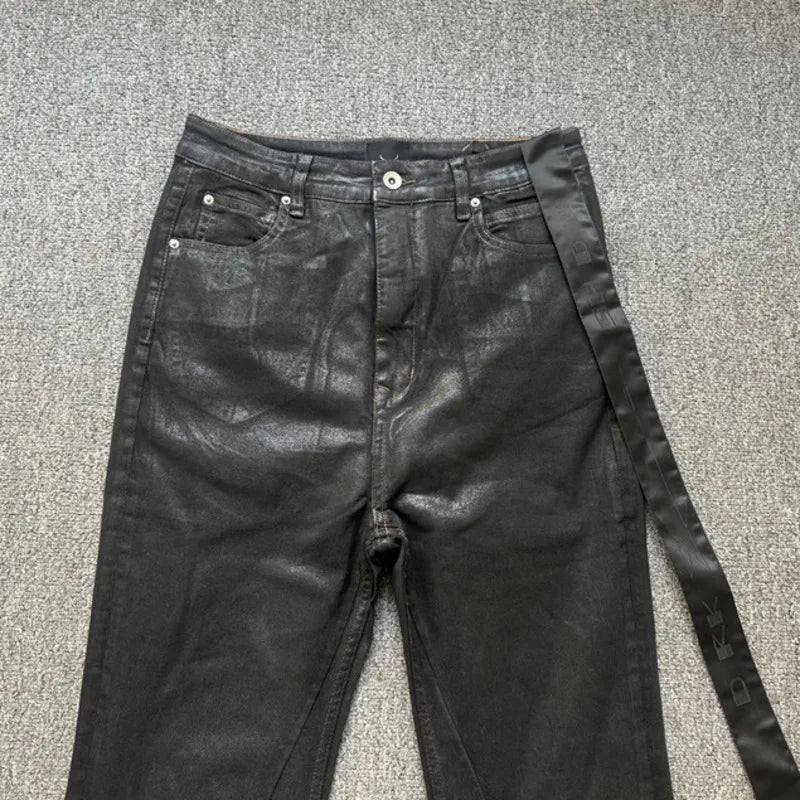 HKSH Spring Autumn Men Dark RO Style Niche Dark Wax Coated High Elastic Ribbon Jeans Wide Leg Flared Denim Pants Trendy HK18686