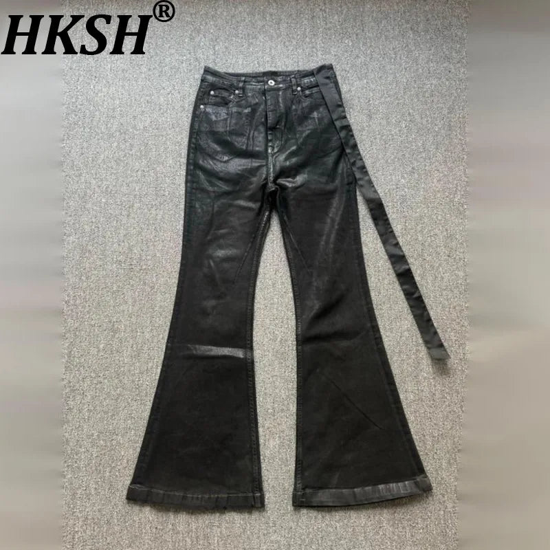 HKSH Spring Autumn Men Dark RO Style Niche Dark Wax Coated High Elastic Ribbon Jeans Wide Leg Flared Denim Pants Trendy HK18686