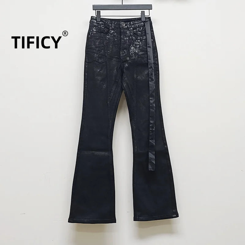 RO Style Wax Pants Men's Handmade Brushed Wax Pentagram Wax Surface Coating Horn High Elasticity Jeans Pant Dark