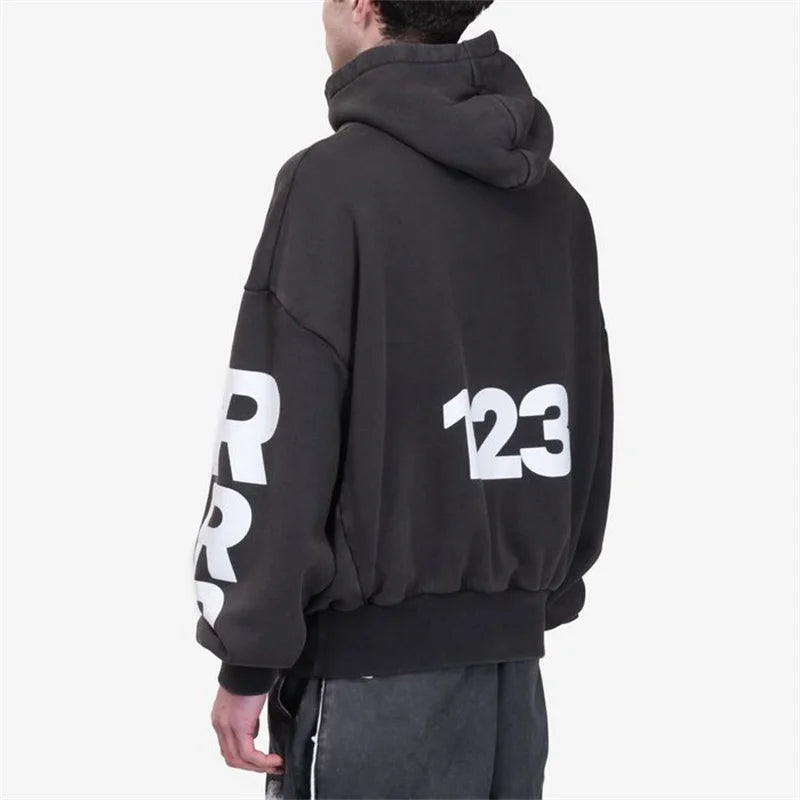 Heavyweight Fabric RRR123 Digital Embroidery Hooded Sweatshirt Washed Black Oversized Men Women Premium Quality Hoodie
