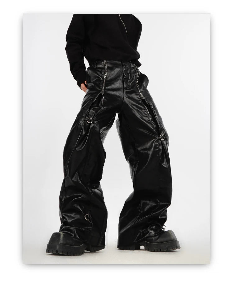 Mauroicardi Spring Autumn Cool Long Loose Casual Soft Black Silver Pu Leather Pants Men with Many Zippers Trousers Fashions 2023