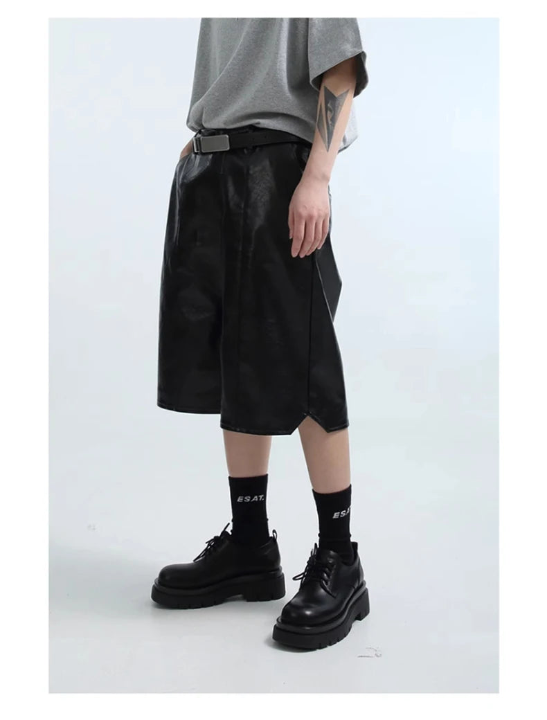 Mauroicardi Spring Summer Loose Casual Soft Black Pu Leather Shorts for Men Mens Elastic Waist Short Straight Pants Clothes 2023