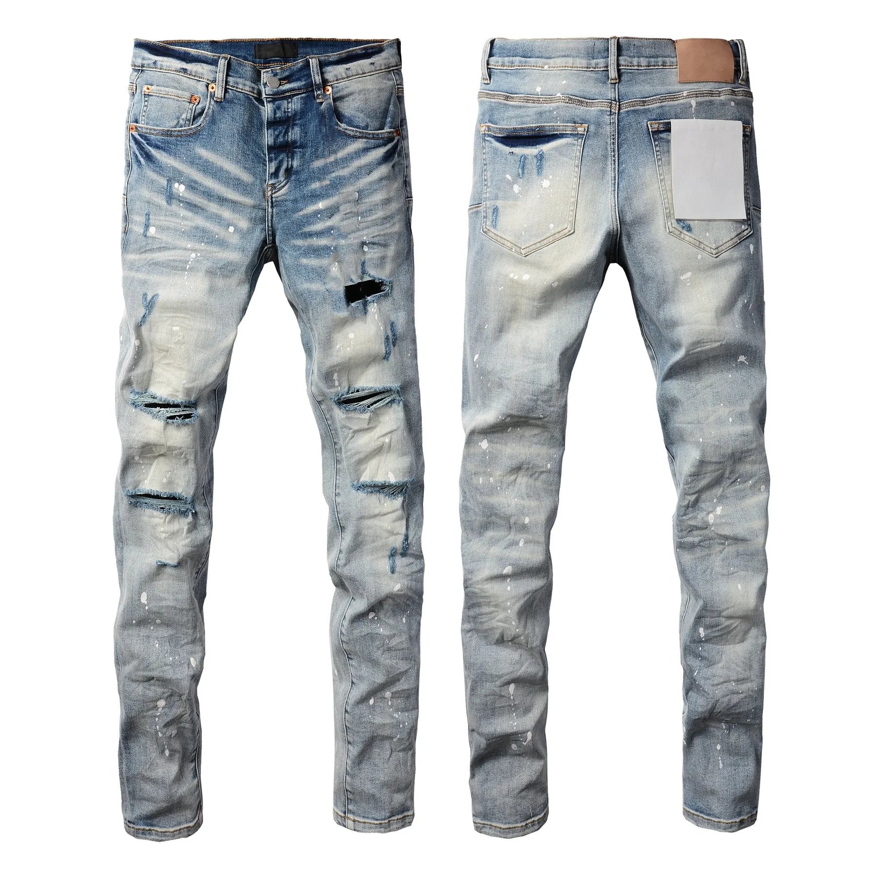 New Fashion Jeans Men High Street Black Splashing ink graffiti Distressed Hole Stretch Skinny Button Fly Ripped Jeans Brand