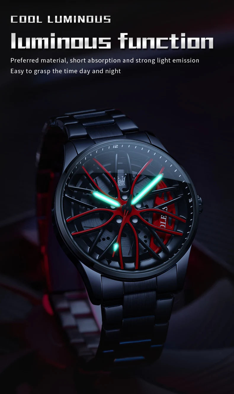 OLEVS 9937 Quartz Watch for Men Fashion 3D Hollow Wheel Rotary Dial Black Stainless Steel Waterproof Luminous Sports Wristwatch