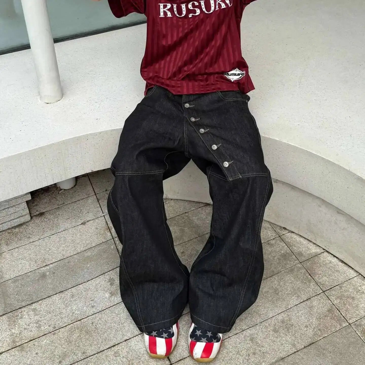 PFNW American High Street Curved Long Button Scimitar Men's Jeans Summer Loose Wide-Leg Pants Trendy Male Trousers 28W8103