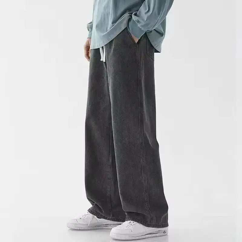 Fashion Men's Solid Color Drape Jeans Loose Straight Korean Vintage High Street Hip-hop Casual Daily Dragging Wide-leg Pants
