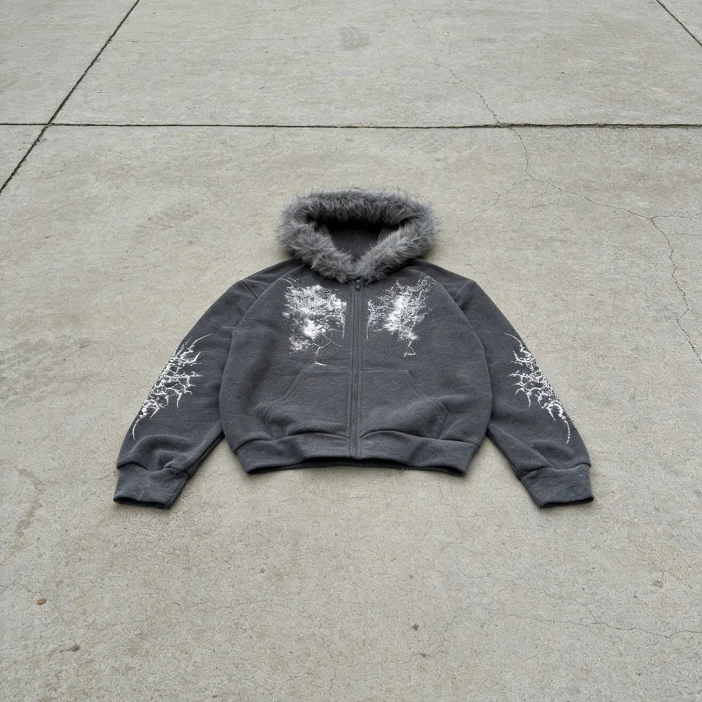 Women Pink Faux Fur Trim Glitter Thorn Print Zip Up Hoodie 2026 Y2K Sweet Cool Oversized Hooded Sweatshirt