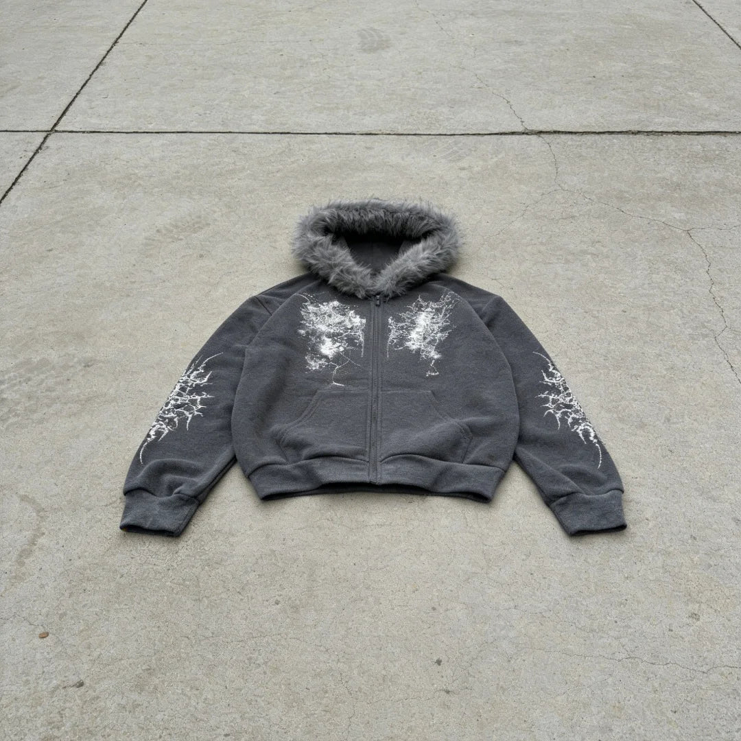 Women Pink Faux Fur Trim Glitter Thorn Print Zip Up Hoodie 2026 Y2K Sweet Cool Oversized Hooded Sweatshirt