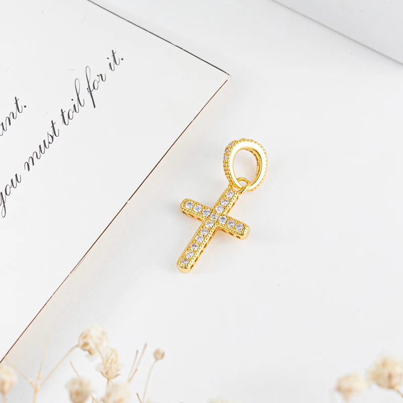 Sparkling CZ Cross Pendant Charm for Bracelet Necklace, 925 Sterling Silver Plated, Religious DIY Jewelry Gift for Women Men