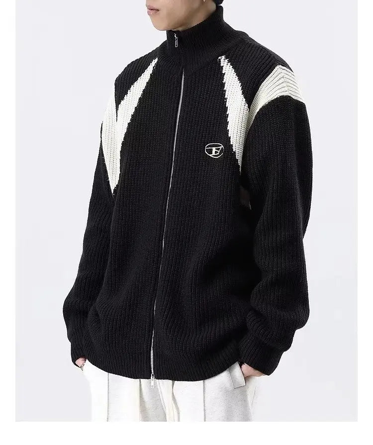 Double Zipper Cardigan Sweater Men Women Retro Loose Knitted Jumpers Autumn Streetwear Harajuku Street Color Block Jacket New