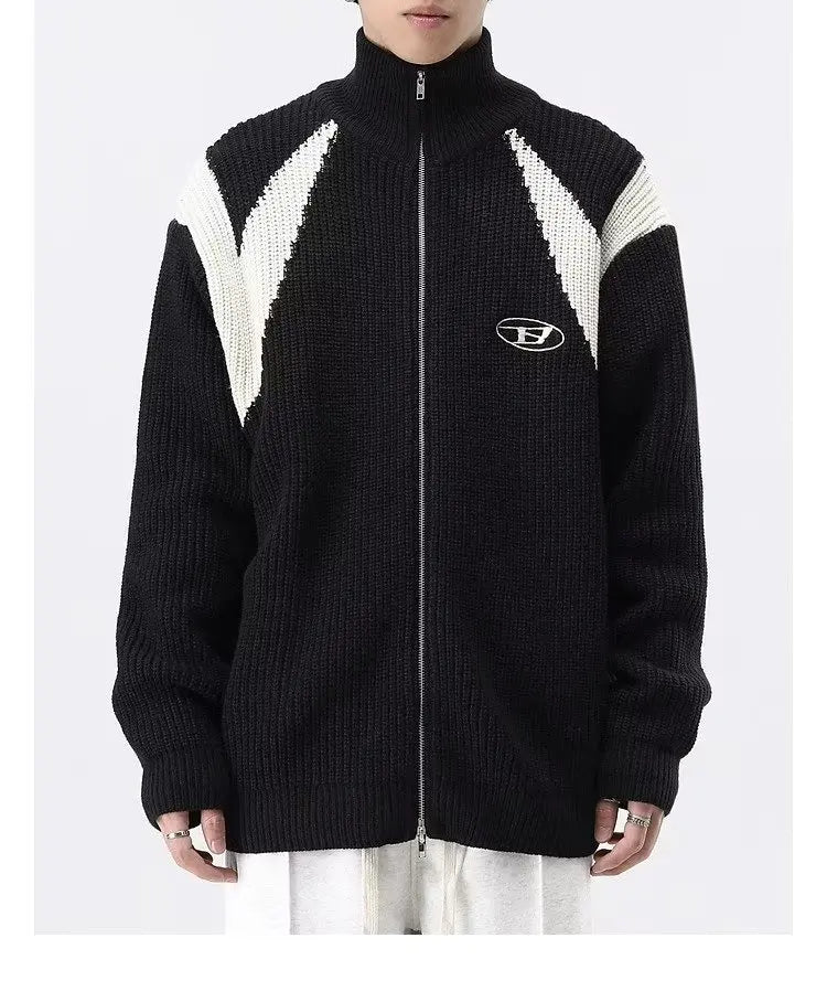 Double Zipper Cardigan Sweater Men Women Retro Loose Knitted Jumpers Autumn Streetwear Harajuku Street Color Block Jacket New