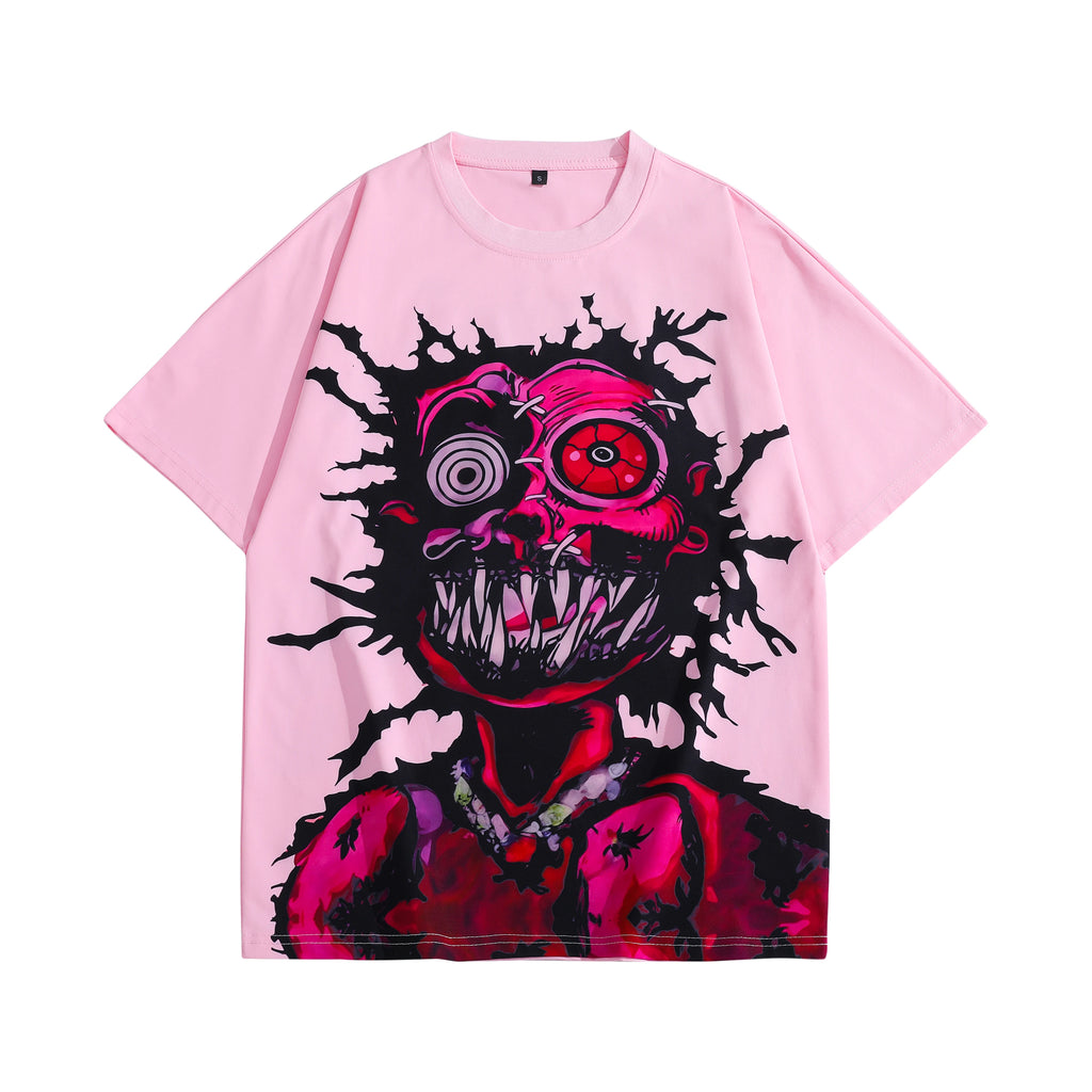 Mens Pink Short Sleeve T-Shirt Distorted Cartoon Character Graphic Bold Exaggerated Print Alternative Art Streetwear Top