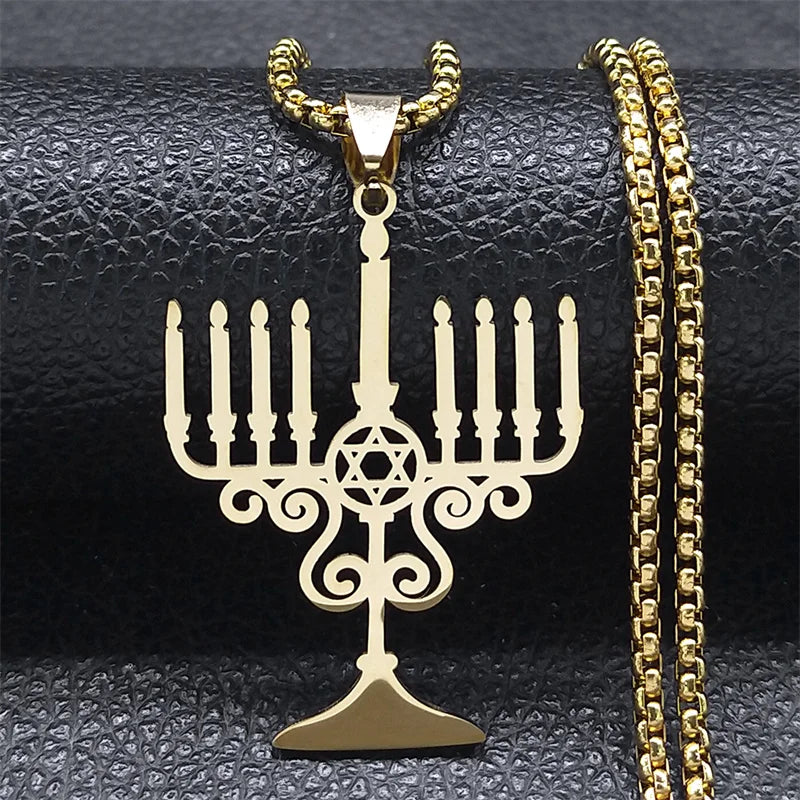 Judaica Israel Lamp Hanukkah Menorah Necklace for Women Men Stainless Steel Silver Color Star of David Necklace Jewelry N8062S02
