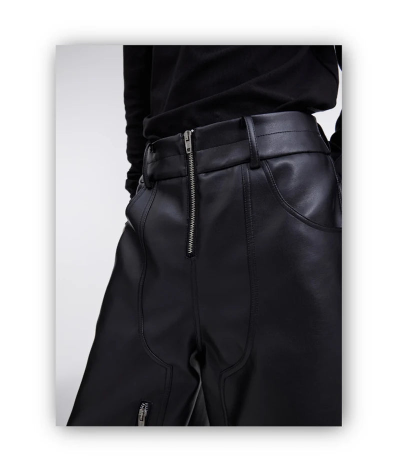 Mauroicardi Autumn Long Black Baggy Pu Leather Wide Leg Cargo Pants for Men Three-dimensional Pockets Luxury Designer Clothes