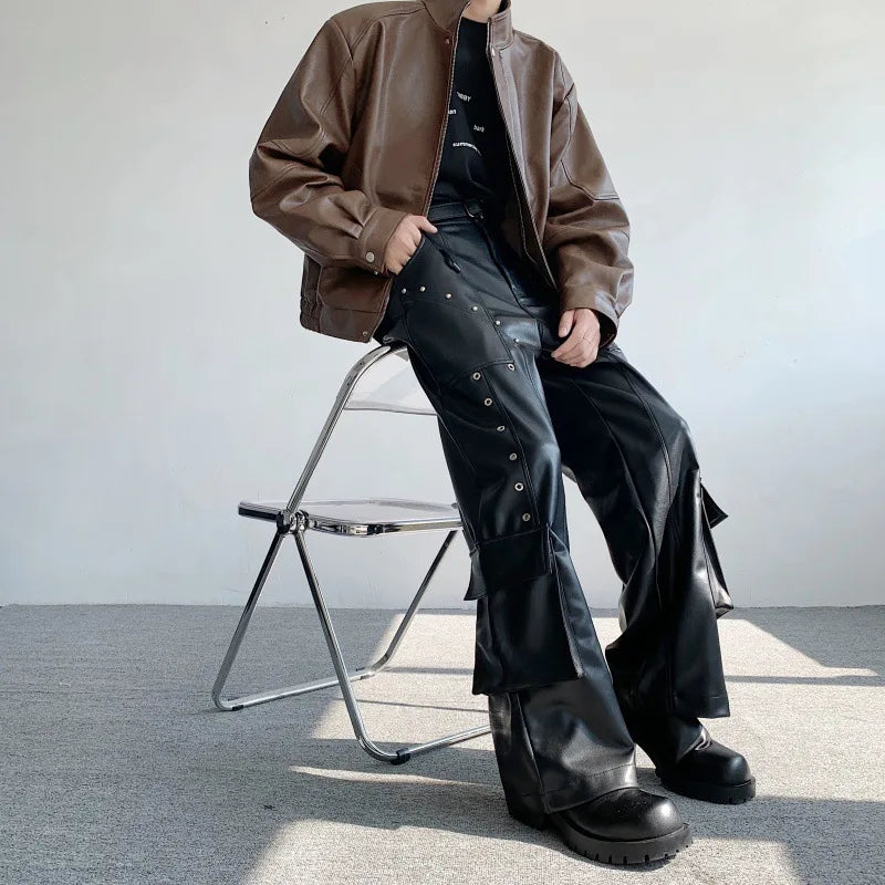 Men's Faux Leather Cargo Pants With Rivet, Y2K  Streetwear Black  Wide-leg Trousers, Autumn/Winter Gothic Mans Baggy Pants